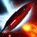 Red Futuristic Spaceship with Blue Thrusters in Space Scene