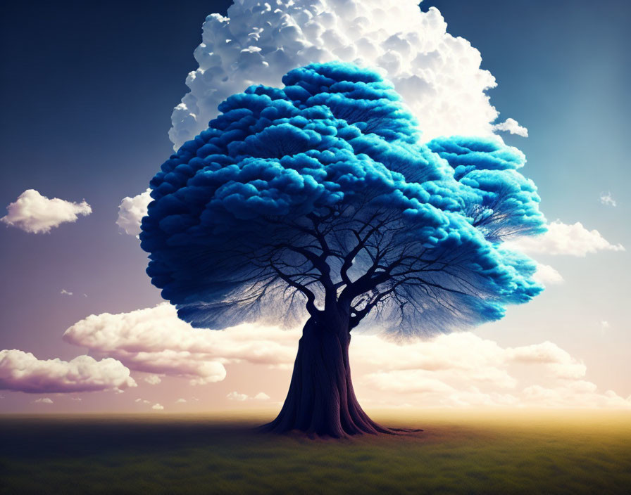 Surreal tree with cloud-shaped branches in twilight sky