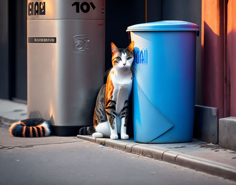 Calico cat beside blue and gray bins in soft sunlight.