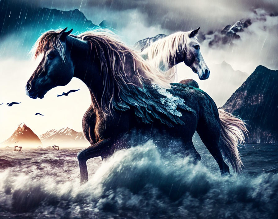 Majestic horses galloping by rocky cliffs under stormy sky