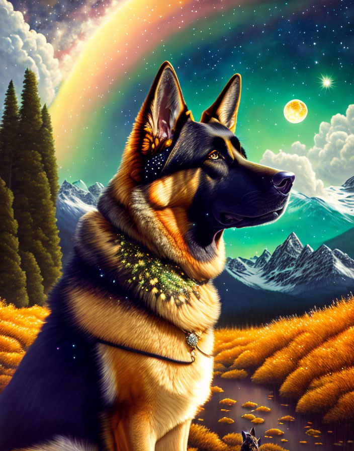 Majestic German Shepherd in surreal landscape with aurora skies