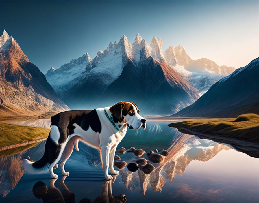 Dog by Reflective Lake with Snow-Capped Mountains