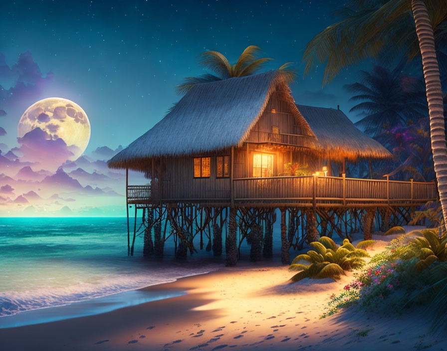 Nighttime Beachscape with Stilted Hut, Full Moon, Palm Trees, and Calm Sea