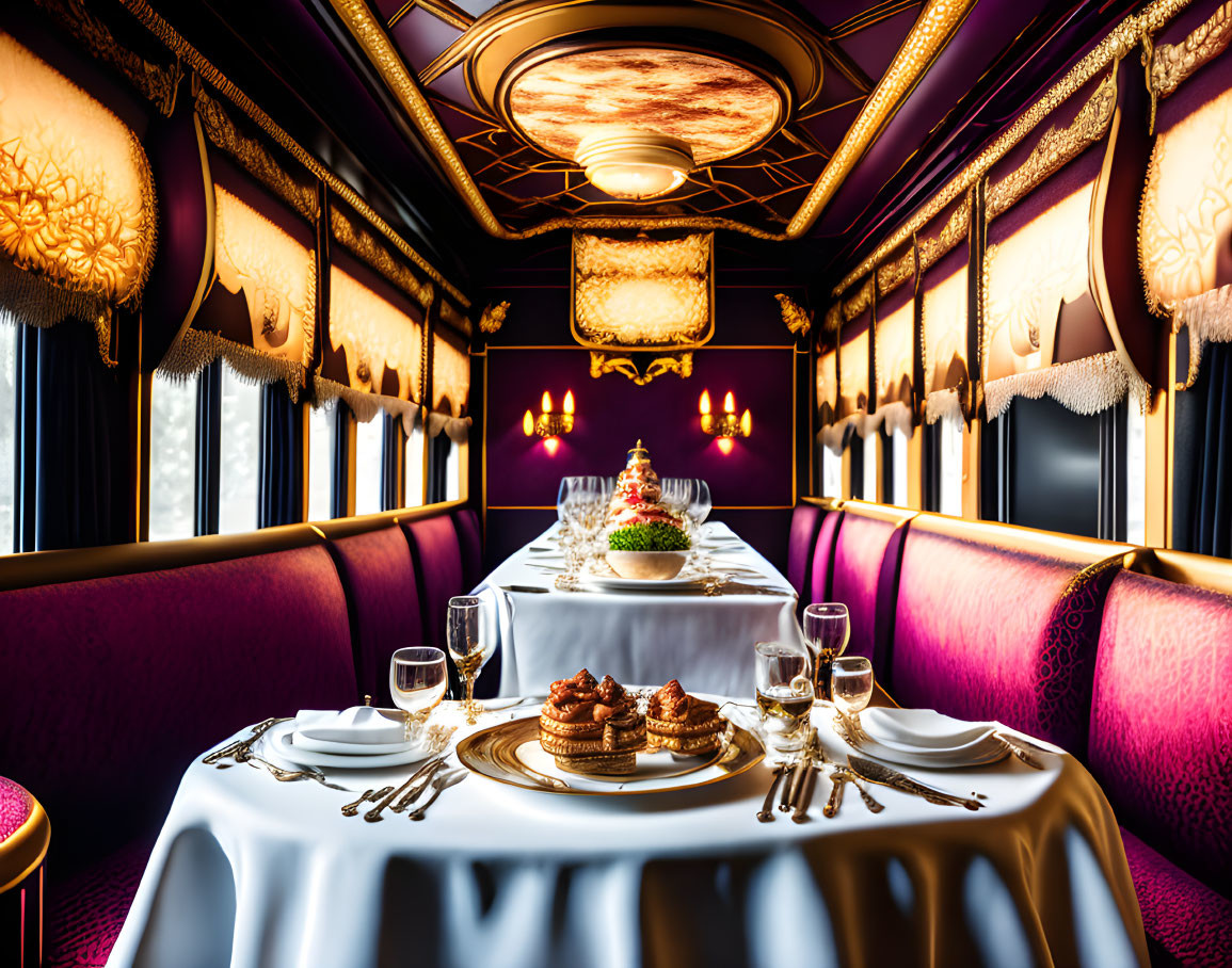 Luxurious Purple Seating and Elegant Table Settings in Opulent Train Dining Car