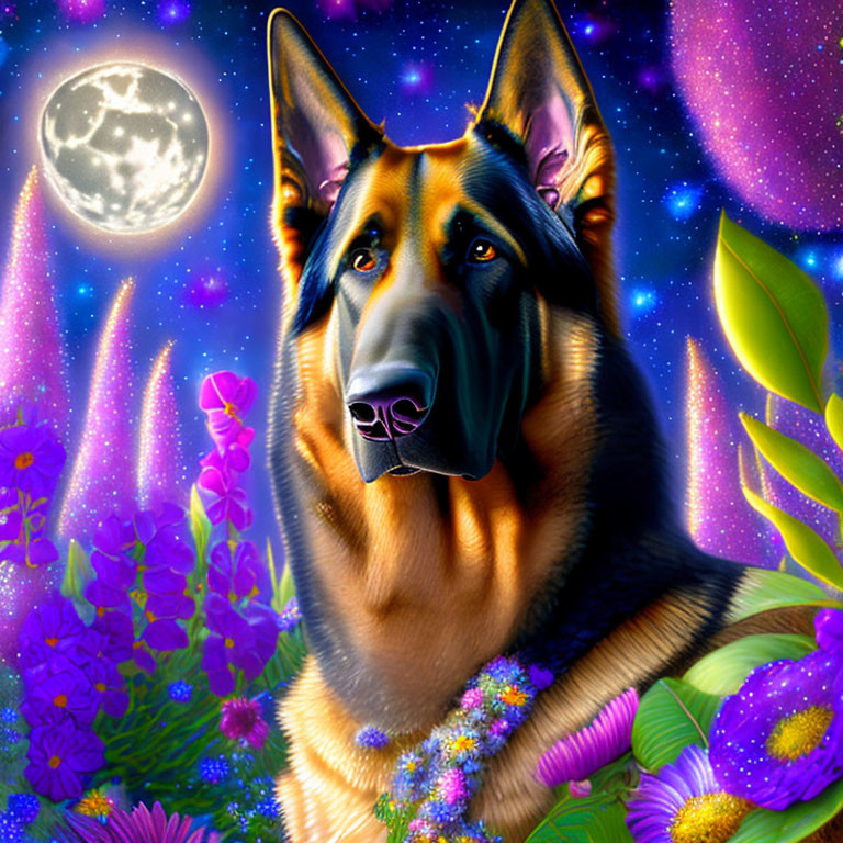 Detailed German Shepherd with flowers under night sky