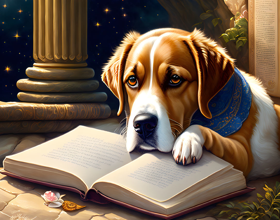 Beagle dog with head on paws looking at book under night sky