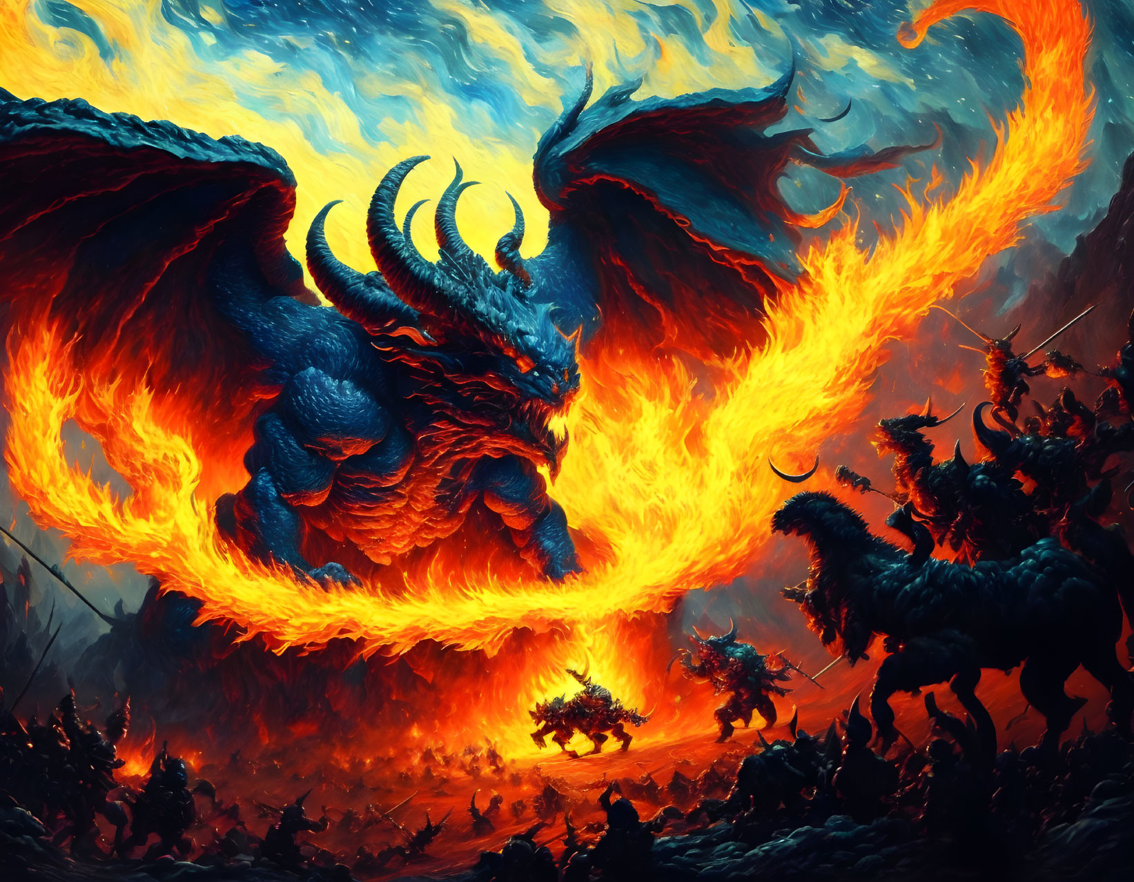 Majestic dragon breathing fire in chaotic battlefield with warriors and mythical creatures.