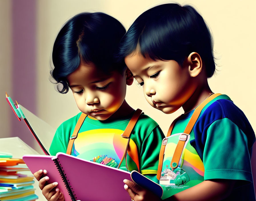 Children Drawing with Sketch Pens and Notebook