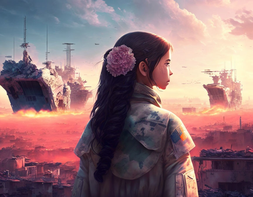 Young woman with braid gazes at dystopian horizon with explosions & derelict ships