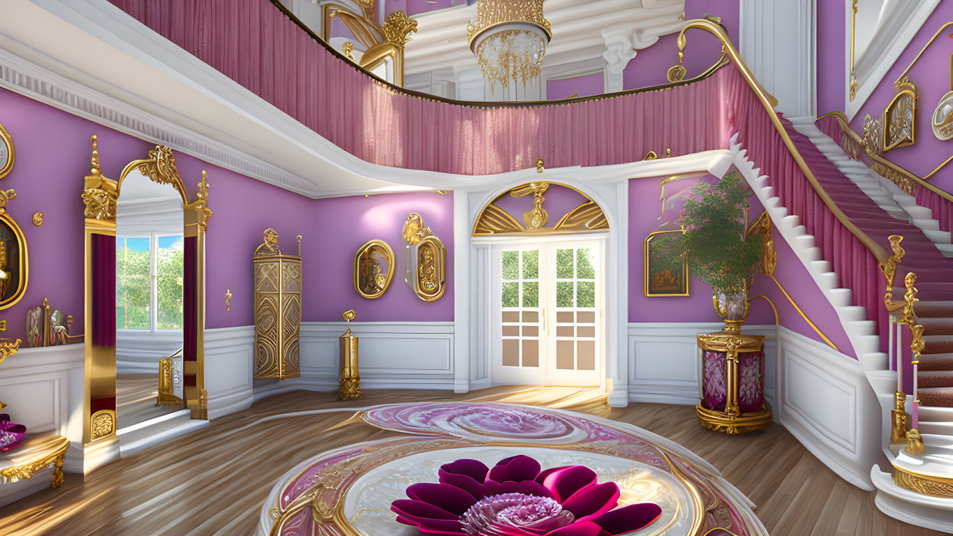 Elegant purple and gold room with grand staircase and chandelier