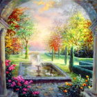 Colorful Garden with Archway, Reflecting Pond, and Lush Plants