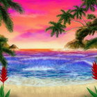 Tropical beach scene with palm trees, colorful sky, ocean waves, and tropical flowers