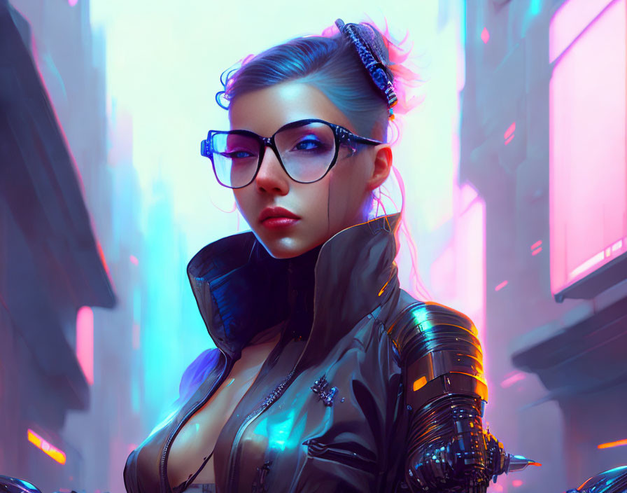 Digital portrait of a woman in glasses with futuristic attire in neon-lit urban setting