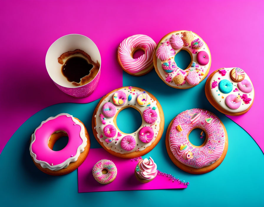 Colorful Donuts with Toppings on Pink and Blue Background with Coffee Cup