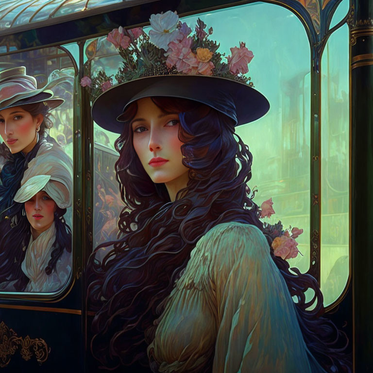 Dark-haired woman in black hat with flowers looking in ornate green carriage mirror