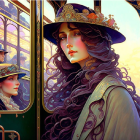 Stylized illustration of woman with purple hair in vintage train