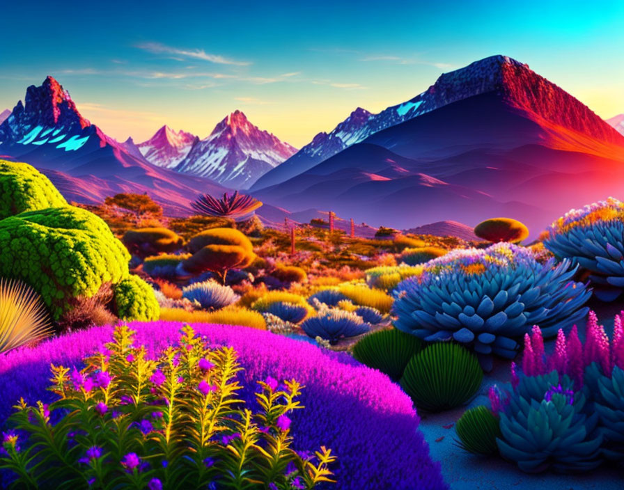 Colorful Foliage and Snow-Capped Mountains in Surreal Landscape