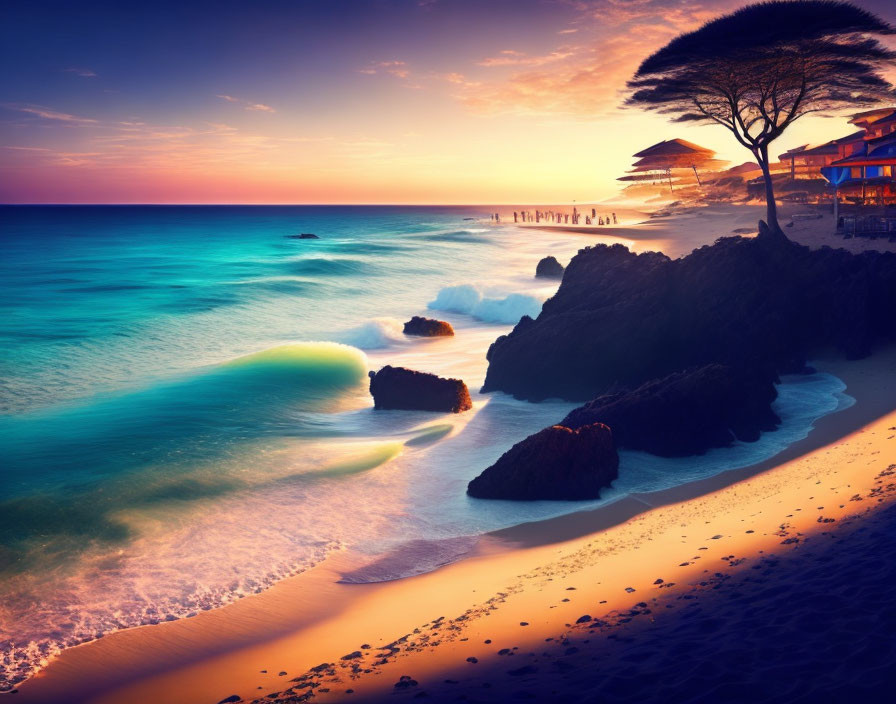 Tranquil sunset beach scene with vibrant sky hues and gentle waves