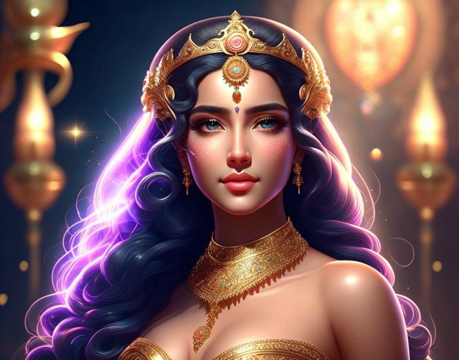 Regal woman with purple hair and golden jewelry in digital art