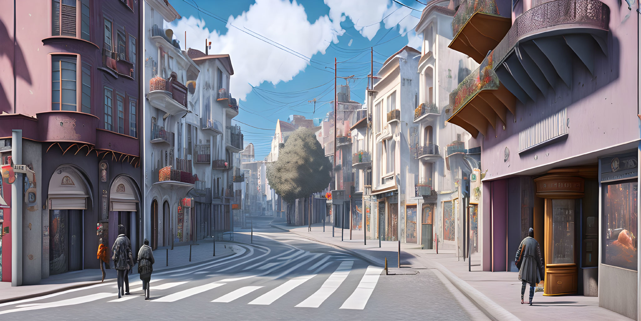 Sunlit European street with shops, balconies, and pedestrians under clear blue sky