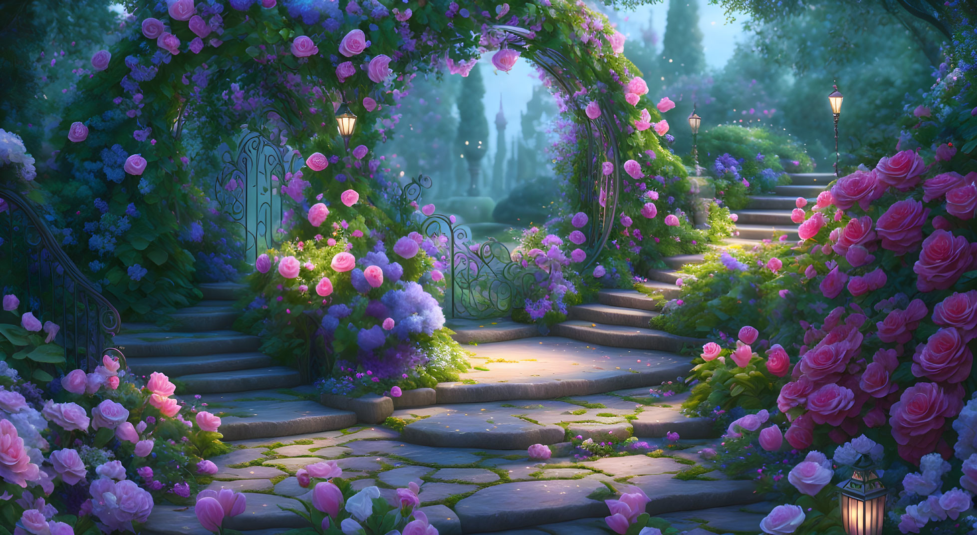 Tranquil Garden Path with Pink Roses and Purple Flowers at Dusk