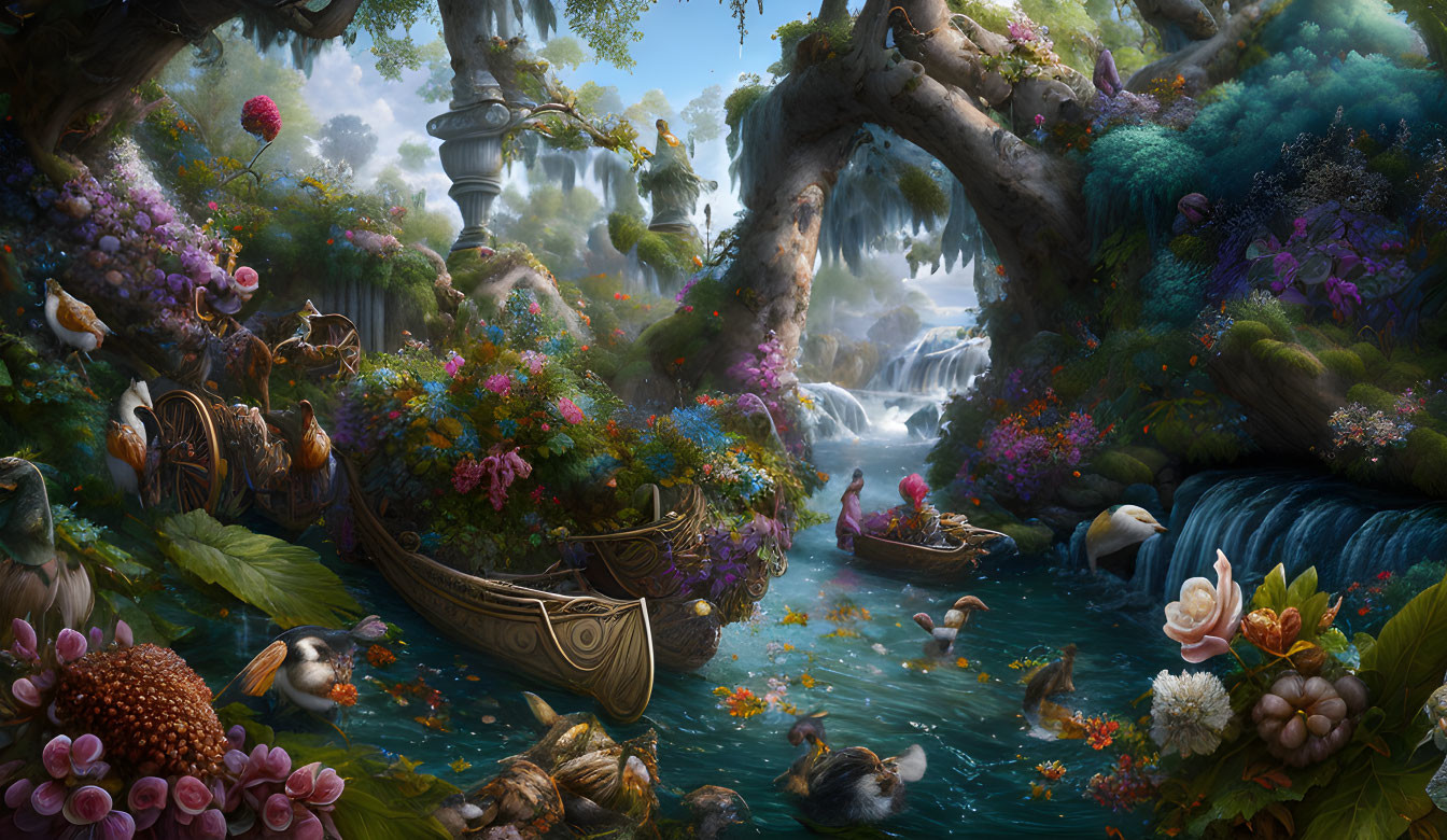 Enchanting forest scene with waterfall, river, lush flora, boat, and whimsical animals