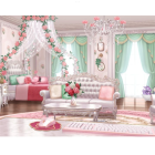 Whimsical illustration of girl with puppies in floral-themed room