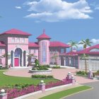 Large Pink Mansion with White Trim and Multiple Balconies in Manicured Gardens