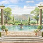 Classical garden with marble pillars, reflective pool, lush greenery, blooming flowers