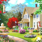 Yellow House Surrounded by Blooming Gardens and Fountain