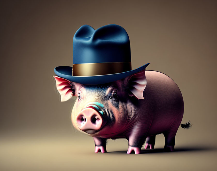 Blue top hat pig on brown background