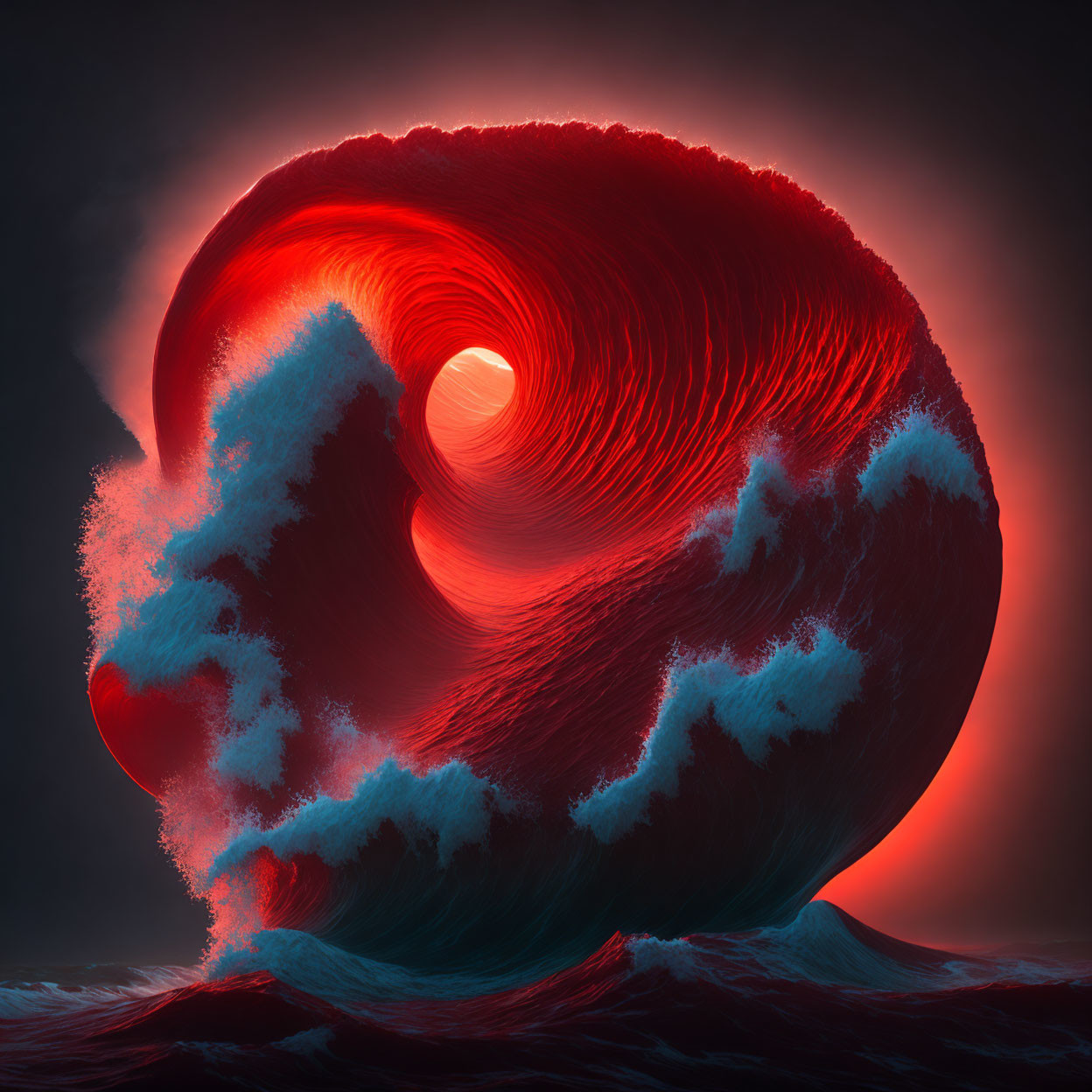 Digitally enhanced image of massive, glowing wave on dark background