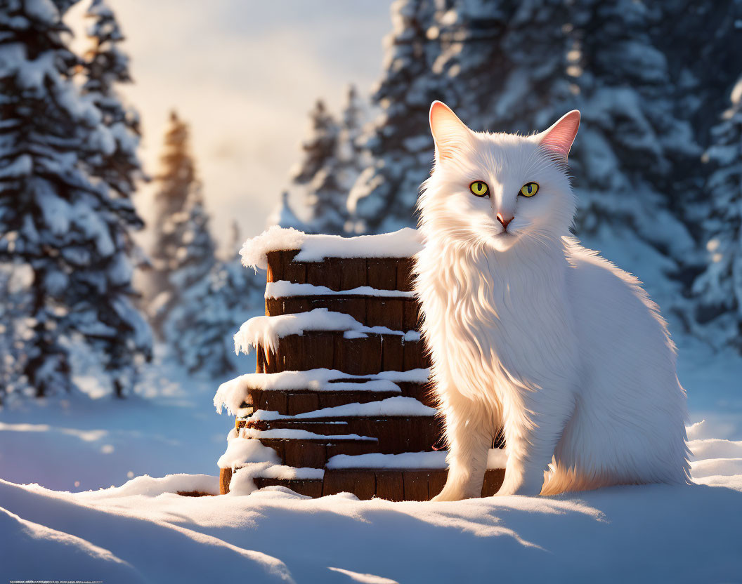 White cat with yellow eyes in snowy landscape beside wooden structure