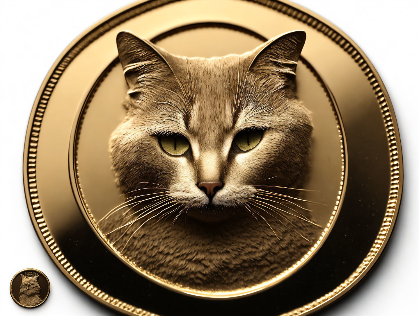 Detailed cat face embossed on large gold coin next to smaller coin for size comparison