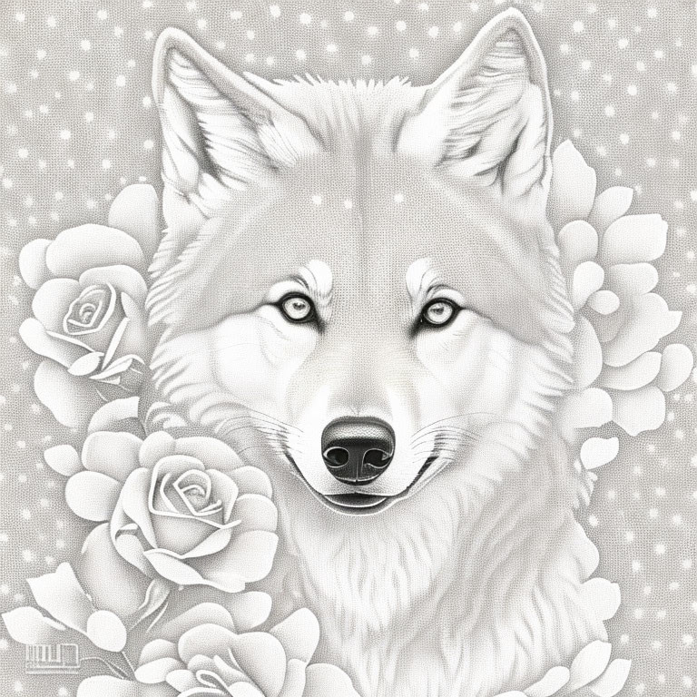 Monochrome Wolf Face Among Roses on Dotted Background