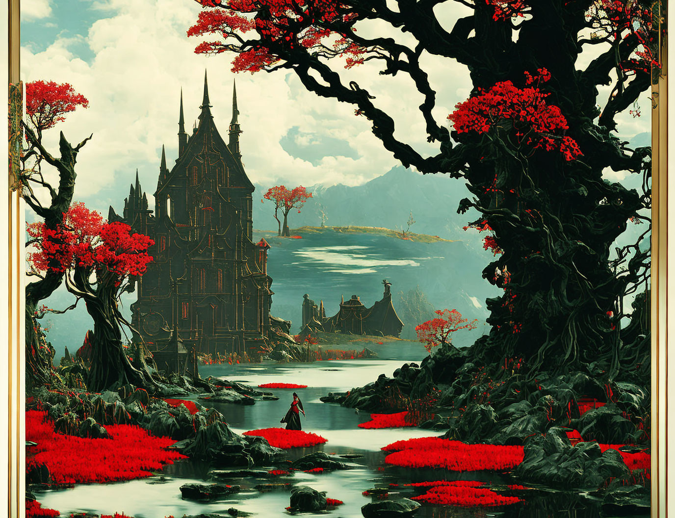 Dark castle in vibrant red flora with figure on lily pad path