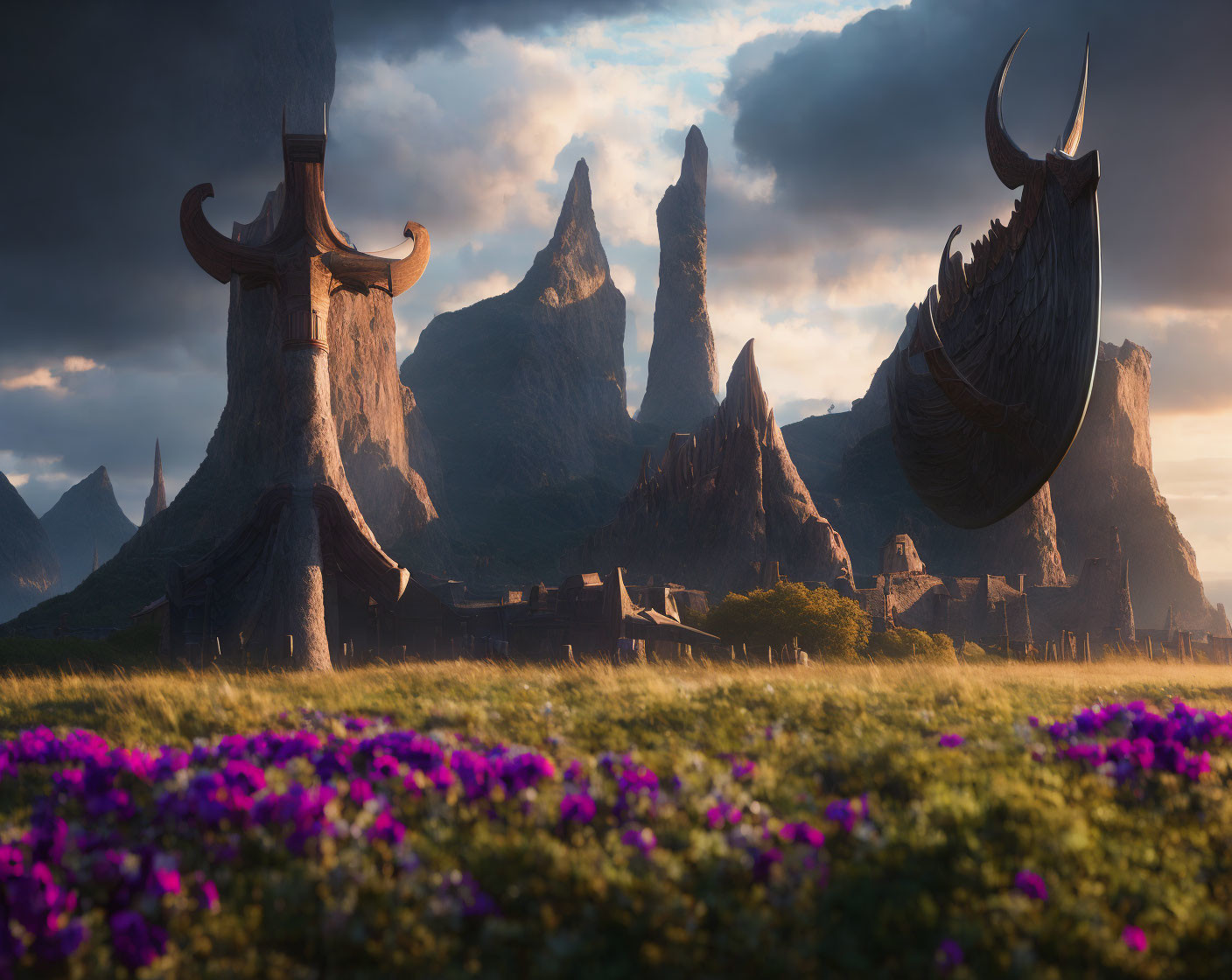 Fantastical landscape with rock spires, horn structure, purple flowers, dramatic sky