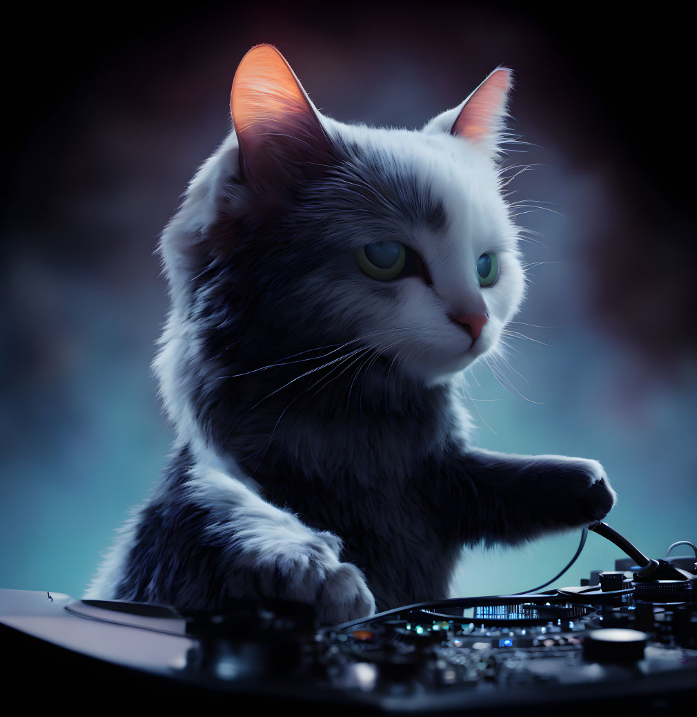 Digital Artwork: Cat with Glowing Eyes as DJ on Record Deck