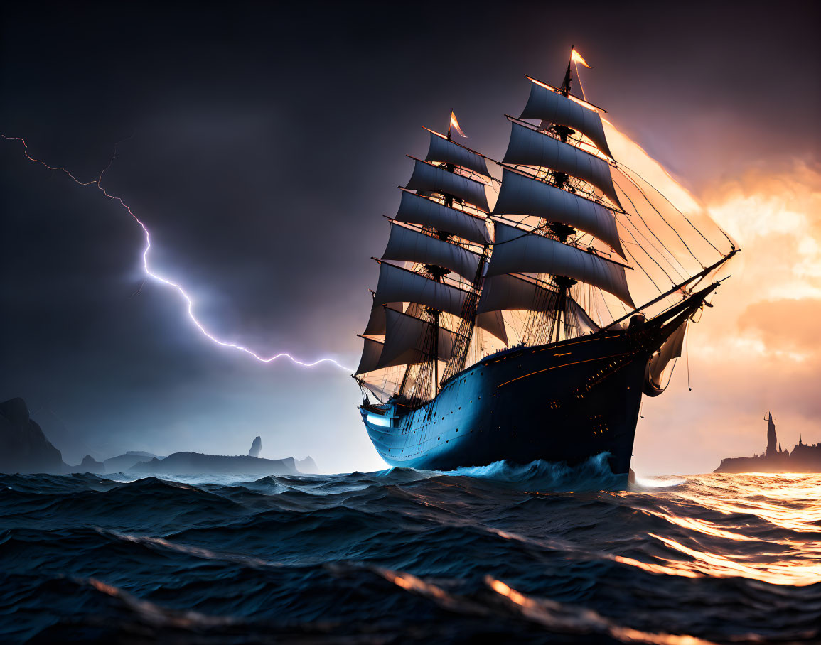 Majestic sailing ship in stormy seas at sunset