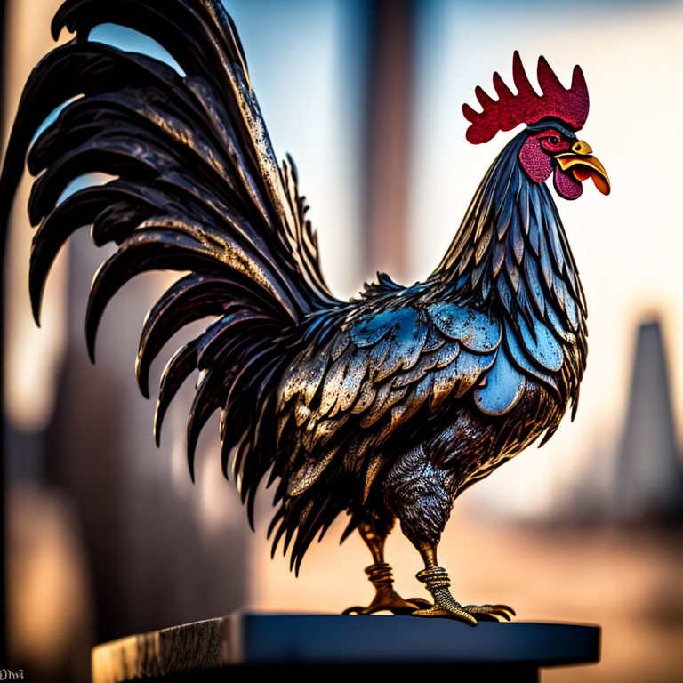 Intricate Metallic Rooster Sculpture in Warm Illumination