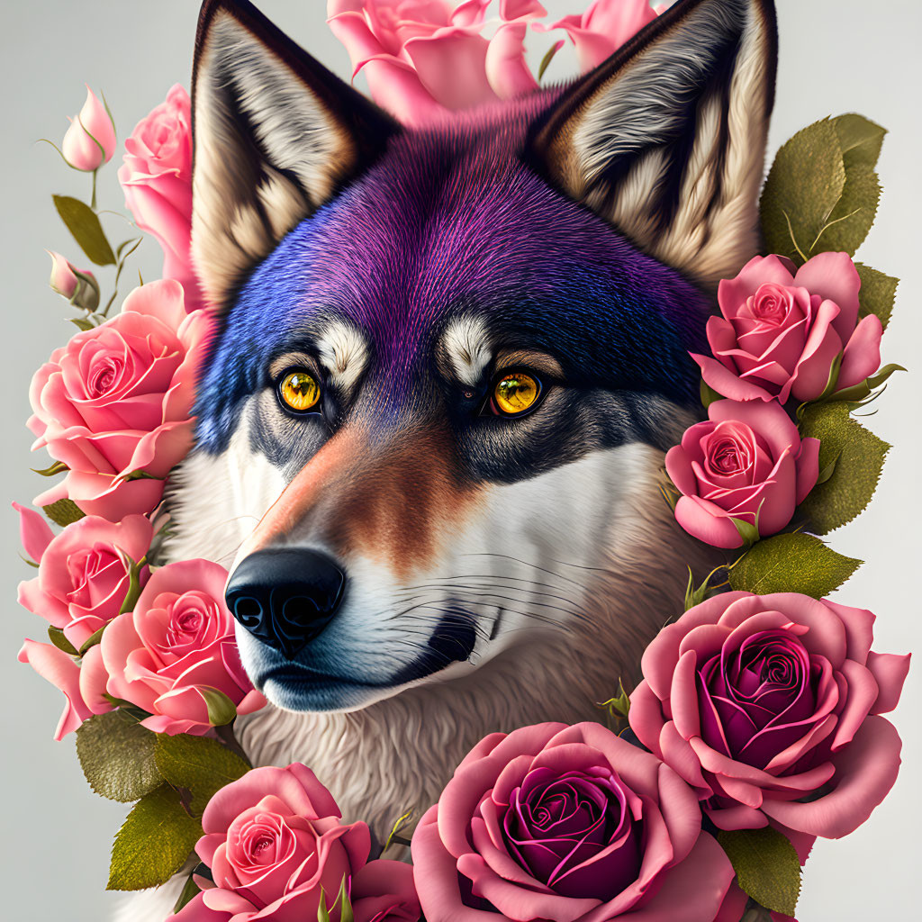 Vibrant Blue and Purple Wolf Artwork with Pink Roses on Neutral Background