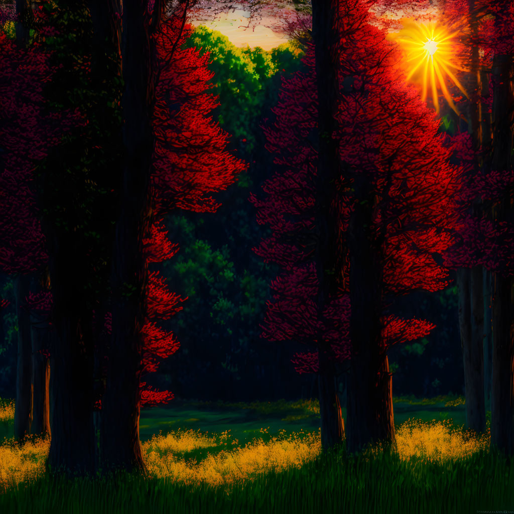 Vivid sunset illuminates red forest foliage.