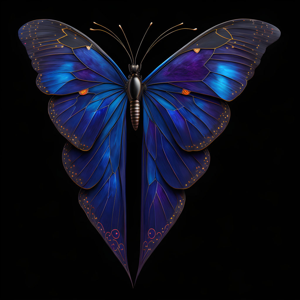 Stylized butterfly digital art with vibrant blue wings and golden patterns