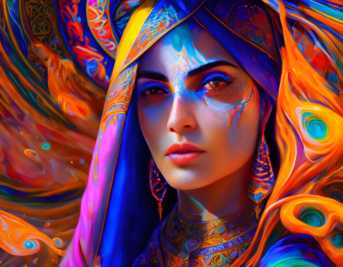 Colorful digital artwork of woman with blue eyes in patterned headscarf