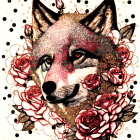 Vibrant Blue and Purple Wolf Artwork with Pink Roses on Neutral Background