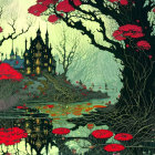 Dark castle in vibrant red flora with figure on lily pad path