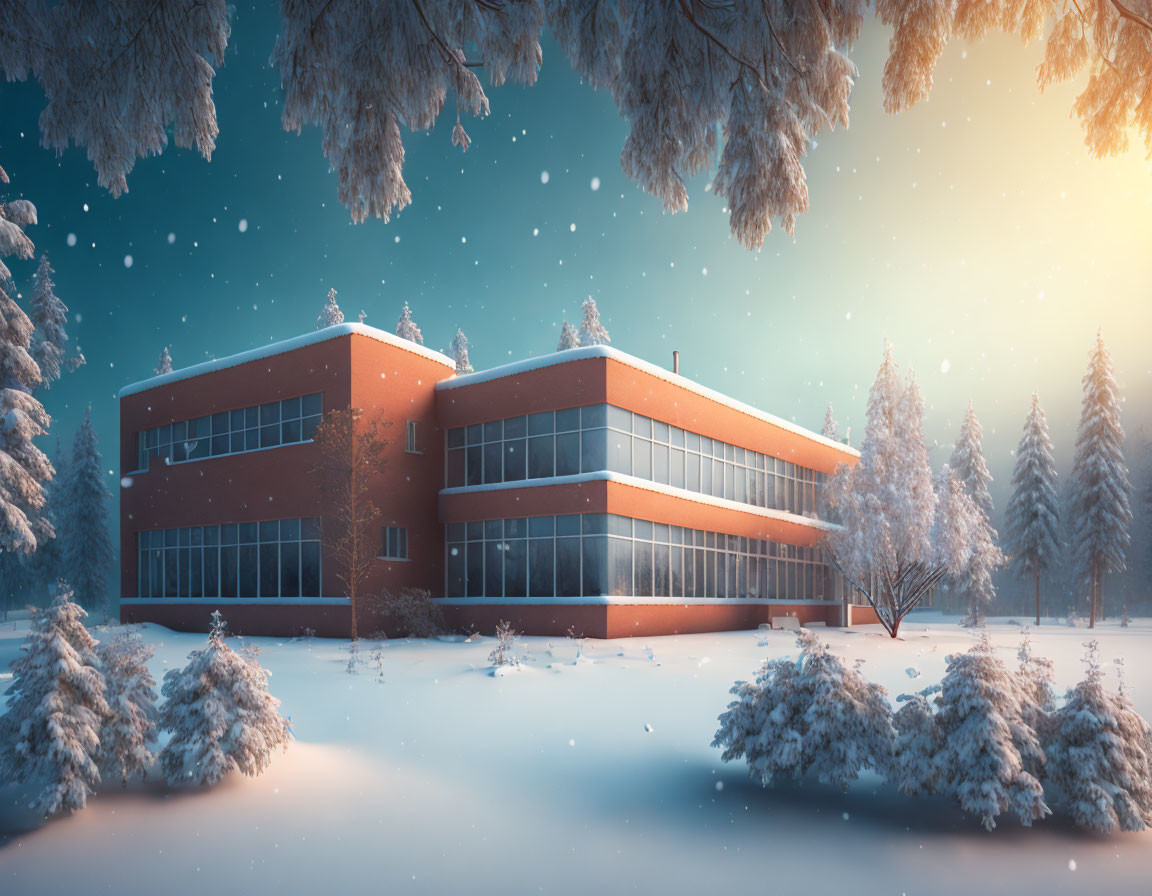 Snowy landscape with modern building and large windows