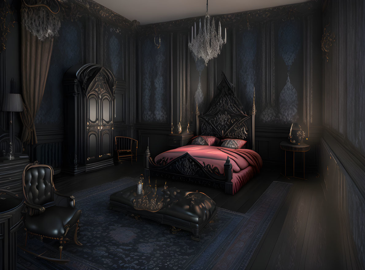 Opulent Gothic-style bedroom with black bed, elegant furniture, chandelier