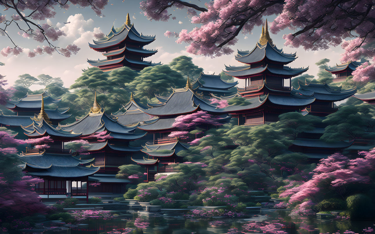 Traditional pagoda surrounded by cherry blossoms and pond in serene setting