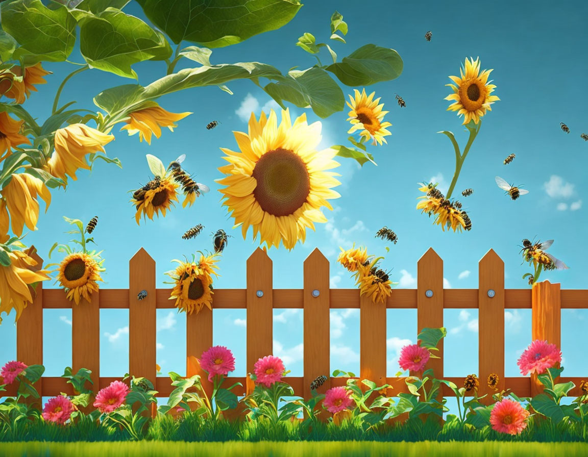 Colorful sunflowers and bees by wooden fence under blue sky